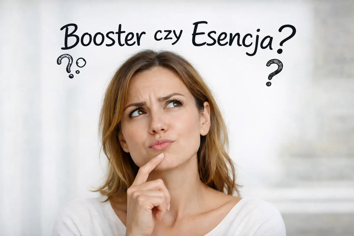 Booster czy esencja - kobieta zastanawiająca się nad wyborem odpowiedniego kroku pielęgnacji twarzy w nowoczesnej rutynie skincare.