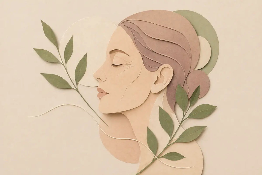 Ilustracja kobiety z liśćmi symbolizująca hormonalne starzenie się skóry i naturalną pielęgnację wspierającą jędrność oraz równowagę cery.