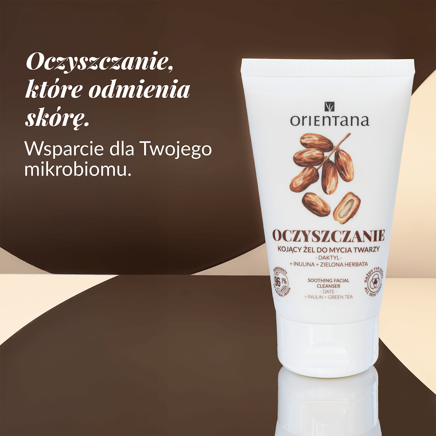 Kojący żel do mycia twarzy Orientana z inuliną, zieloną herbatą i daktylem wspierający mikrobiom skóry oraz delikatne oczyszczanie bez przesuszenia.