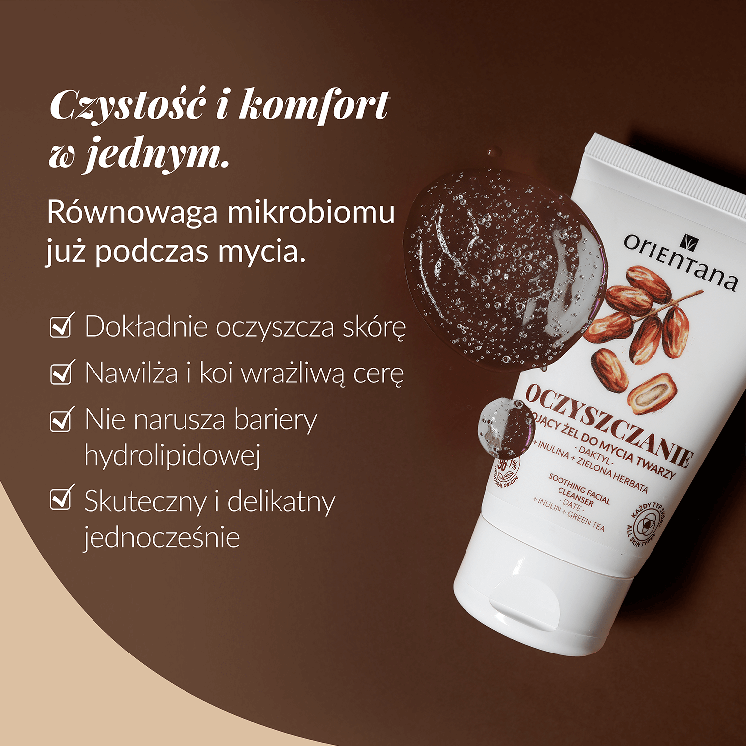Kojący żel do mycia twarzy Orientana z inuliną, zieloną herbatą i daktylem – delikatnie oczyszcza, wspiera mikrobiom skóry i nie narusza bariery hydrolipidowej.