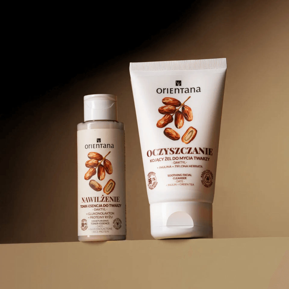 Kojący żel do mycia twarzy z inuliną, zieloną herbatą i daktylem 125 ml oraz Tonik mleczny 100ml