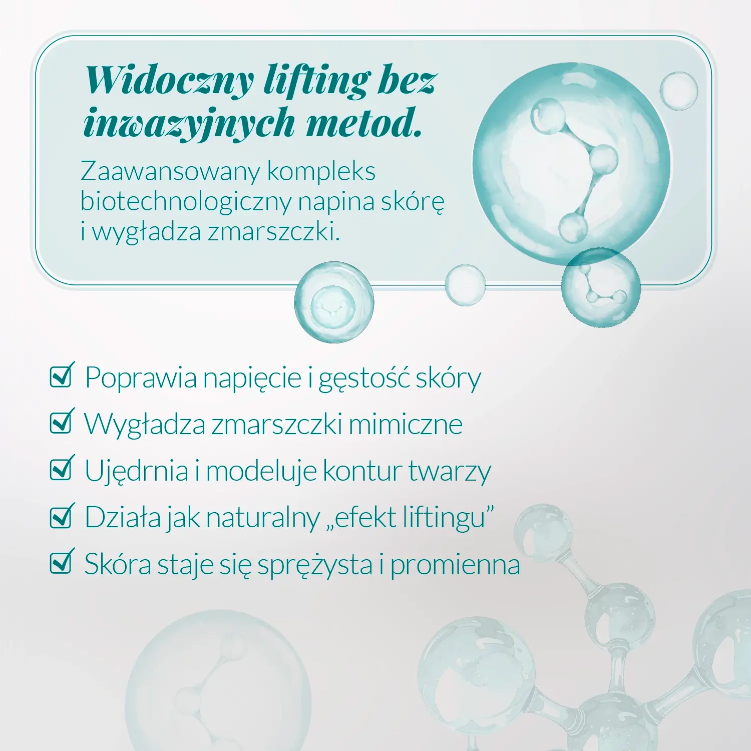 Grafika przedstawiająca działanie liftingującego kremu Orientana z kolagenem z mikroalg – biotechnologiczna pielęgnacja poprawiająca napięcie, jędrność i wygładzenie skóry.