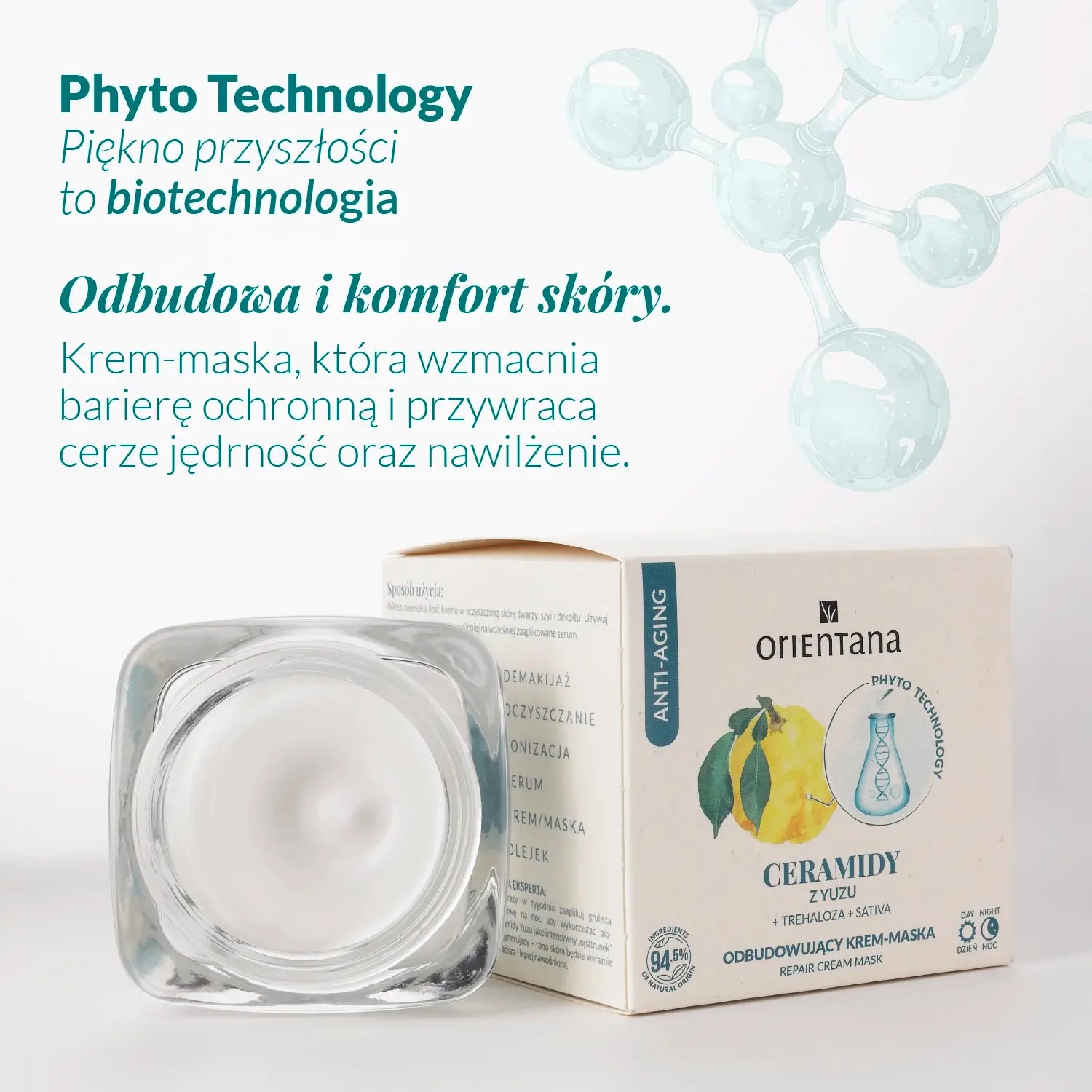 Krem-maska z ceramidami Yuzu i trehalozą Orientana Phyto Technology wzmacniająca barierę ochronną skóry, zapewniająca odbudowę, komfort, jędrność i nawilżenie cery.