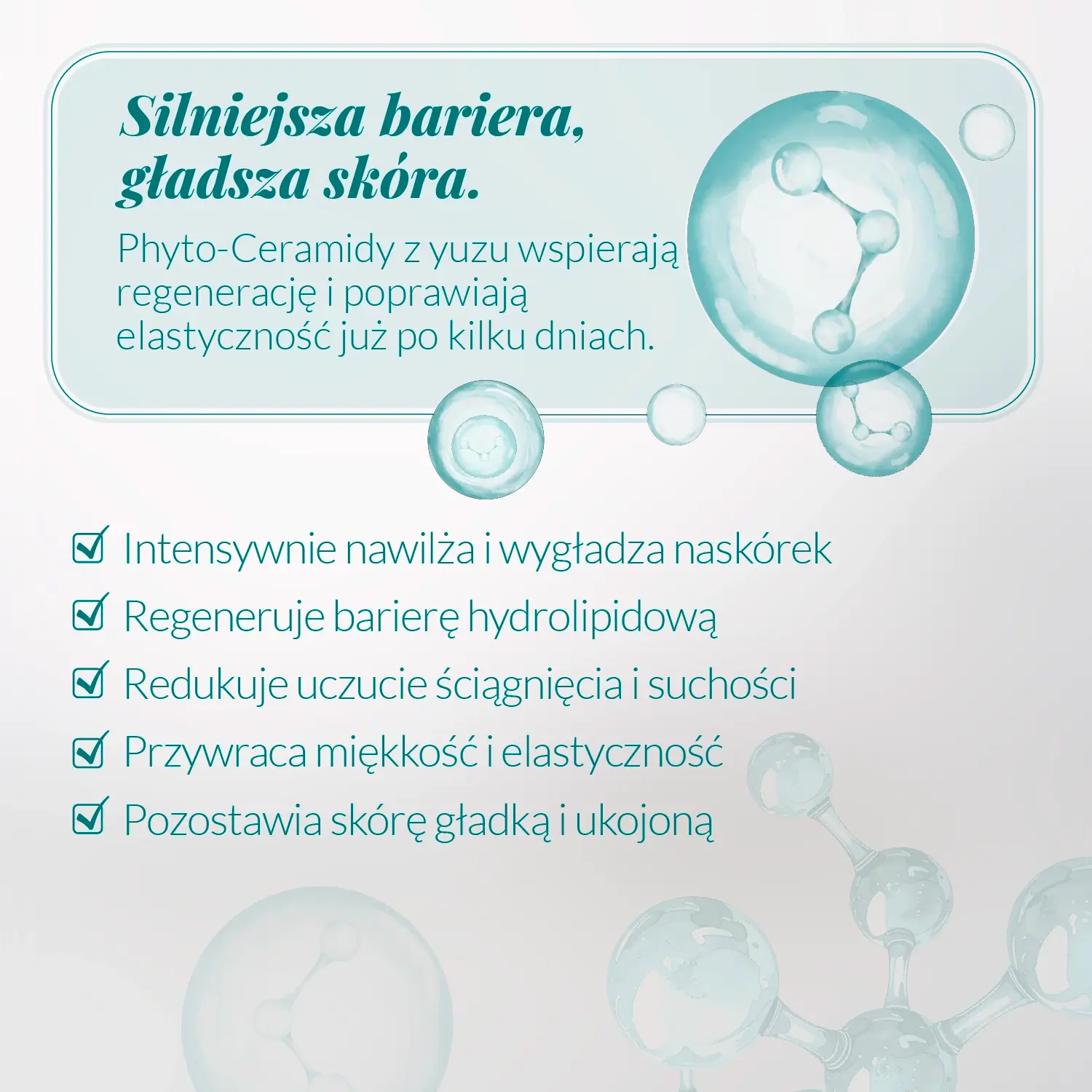 Grafika prezentująca działanie krem-maski z ceramidami Yuzu Orientana – regeneracja bariery hydrolipidowej, intensywne nawilżenie, wygładzenie skóry i redukcja uczucia suchości oraz ściągnięcia.