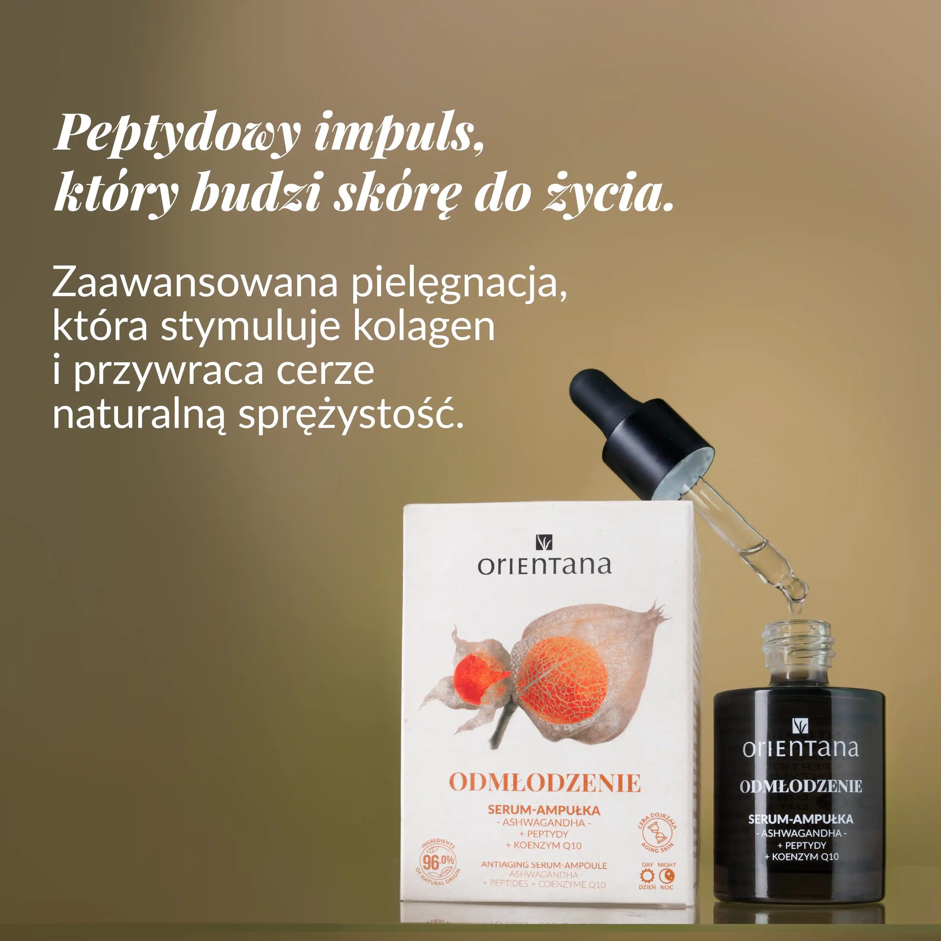 serum odmładzające w ciemnym szklanym opakowniu 30ml z pipetką marki orientana