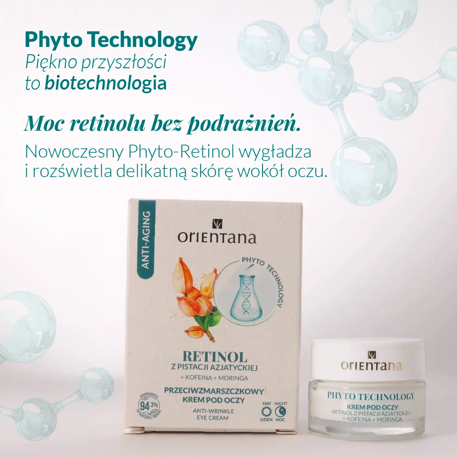 Przeciwzmarszczkowy krem pod oczy Orientana z biotechnologicznym retinolem – wygładza i rozświetla delikatną skórę wokół oczu bez podrażnień.