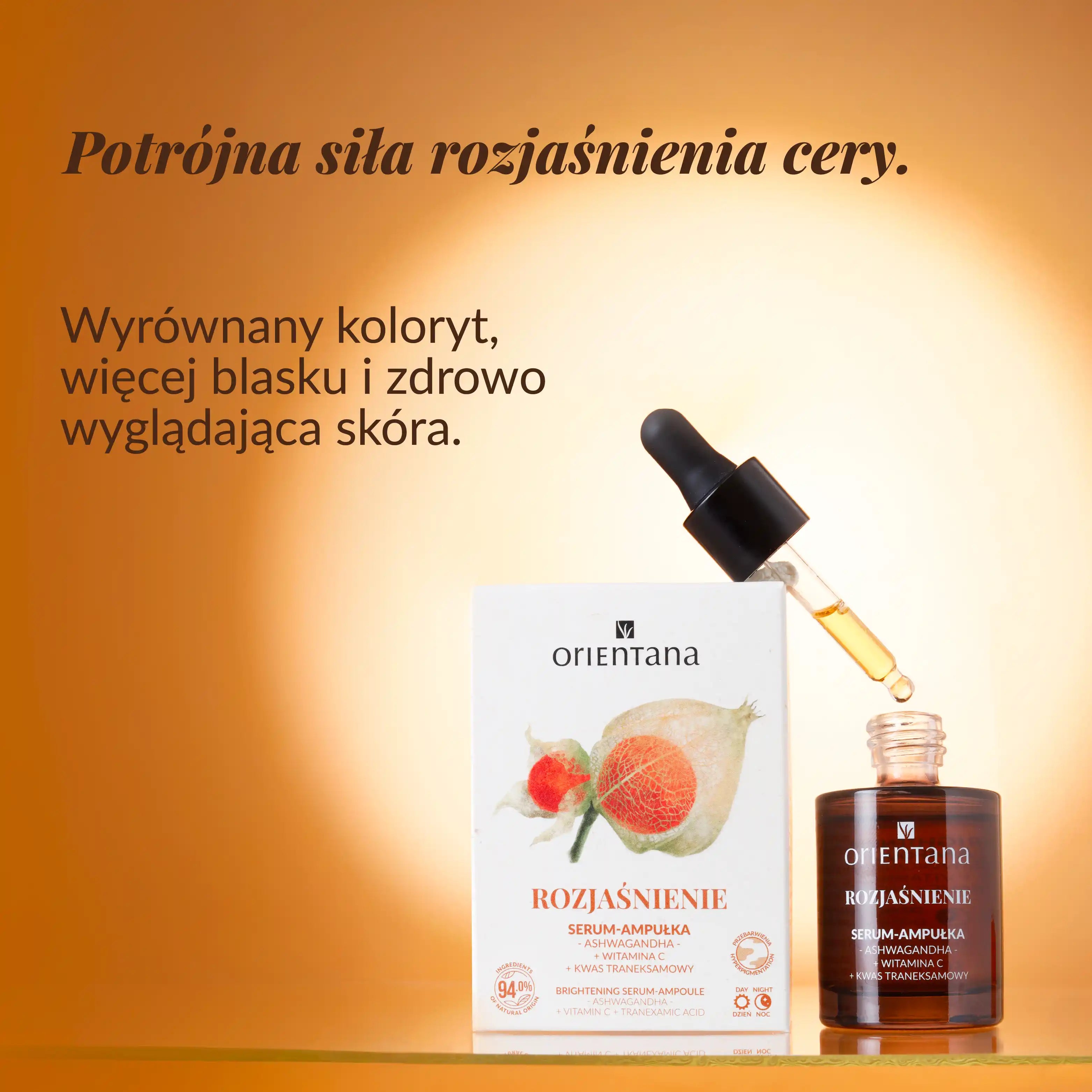 Rozjaśniające serum-ampułka Orientana z ashwagandhą, witaminą C i kwasem traneksamowym na tle świetlistego gradientu – kosmetyk wyrównujący koloryt i dodający skórze blasku.