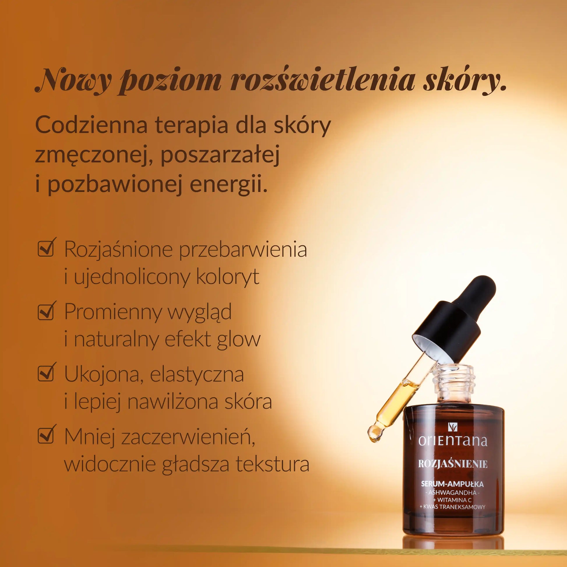 Rozjaśniające serum-ampułka Orientana z ashwagandhą, witaminą C i kwasem traneksamowym – kosmetyk na przebarwienia i poszarzałą skórę, wspierający promienny wygląd i efekt glow.
