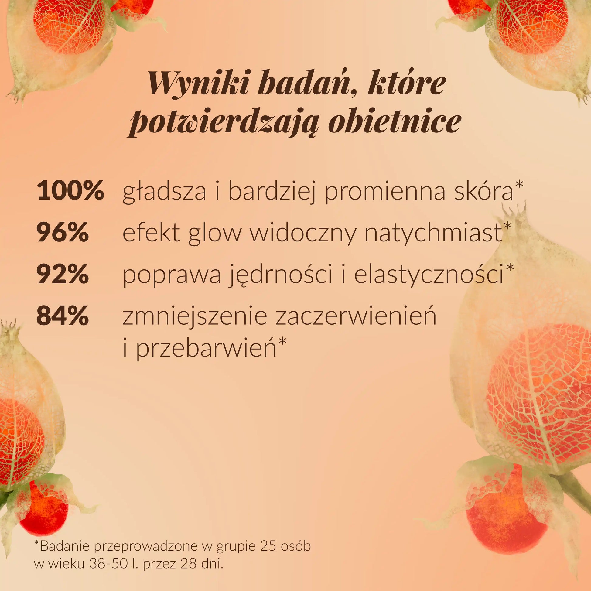 Grafika z wynikami badań serum-ampułki Orientana z ashwagandhą, witaminą C i kwasem traneksamowym – efekt glow, gładsza skóra oraz redukcja przebarwień i zaczerwienień.