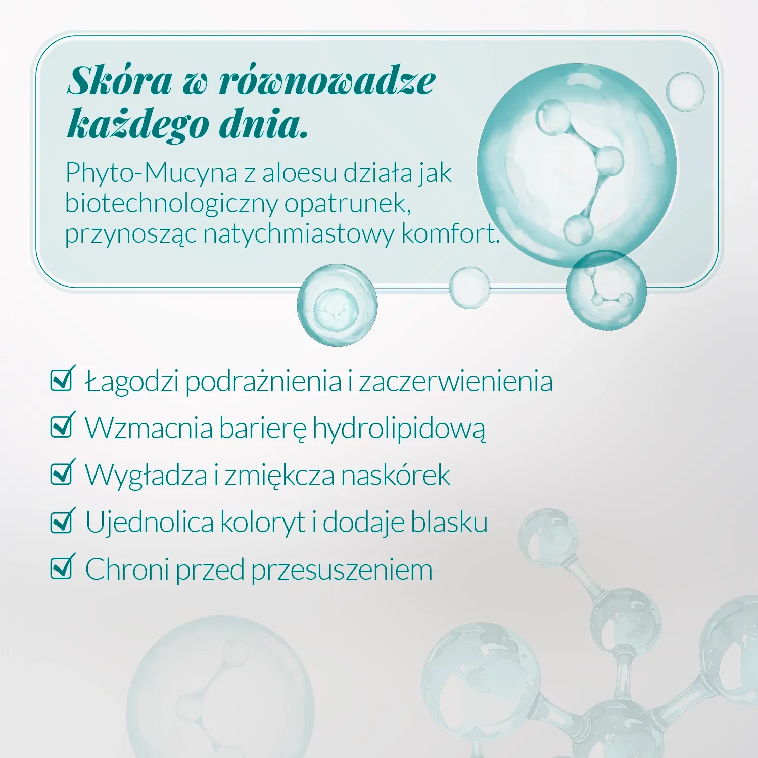 Grafika prezentująca działanie serum Mucyna z Aloesu Orientana – łagodzenie zaczerwienień, wsparcie bariery hydrolipidowej i ochrona skóry przed przesuszeniem.