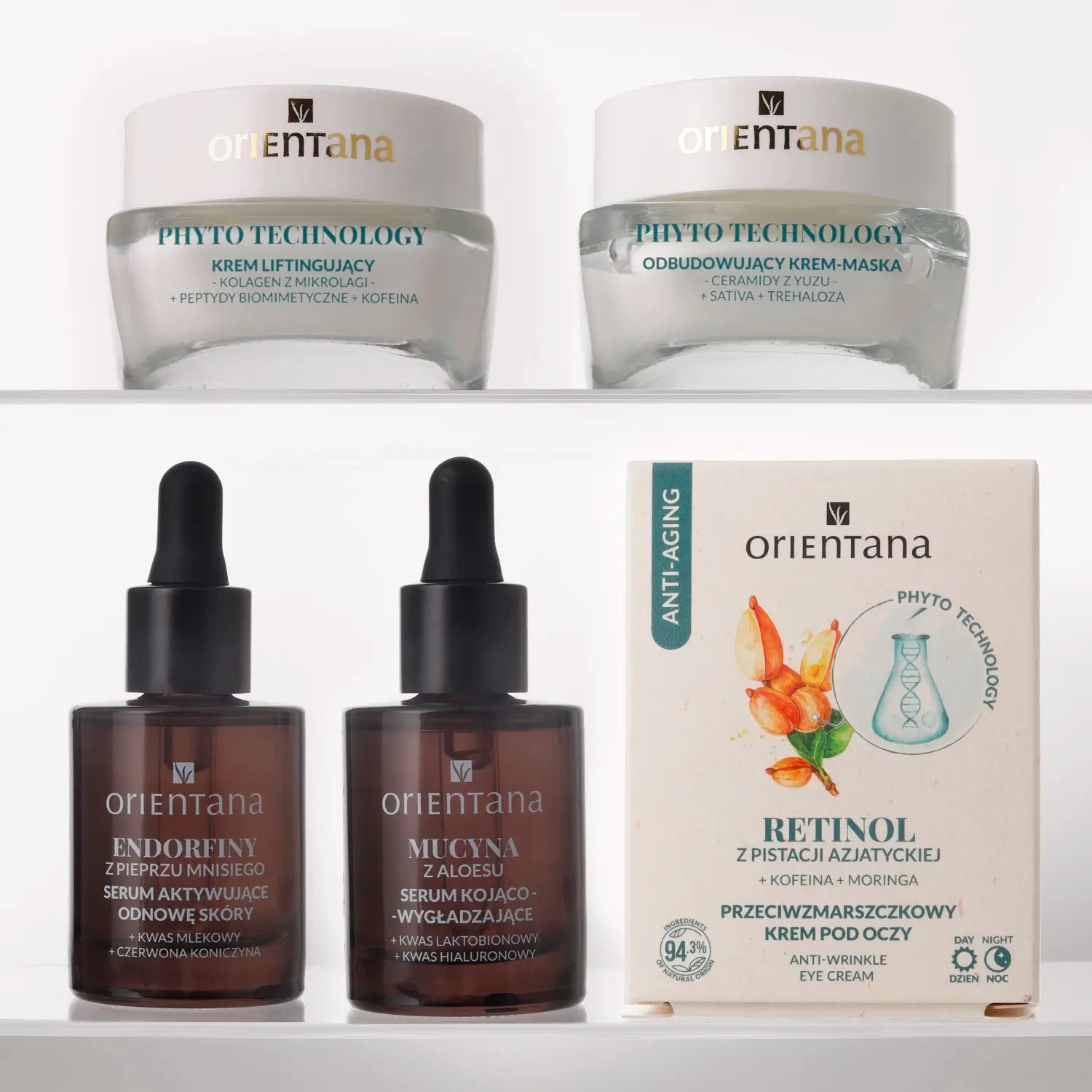 Kosmetyki Orientana Phyto Technology – krem liftingujący, odbudowujący krem-maska, serum Endorfiny, serum Mucyna z Aloesu oraz przeciwzmarszczkowy krem pod oczy z roślinnym retinolem.