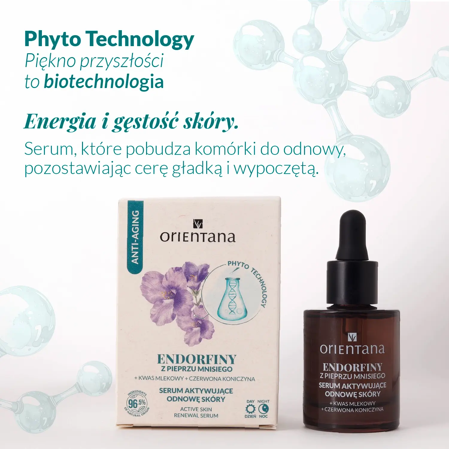 Serum Endorfiny Orientana z fitohormonami i pieprzem mnisiem wspierające odnowę skóry, poprawę gęstości cery oraz redukcję oznak hormonalnego starzenia skóry.