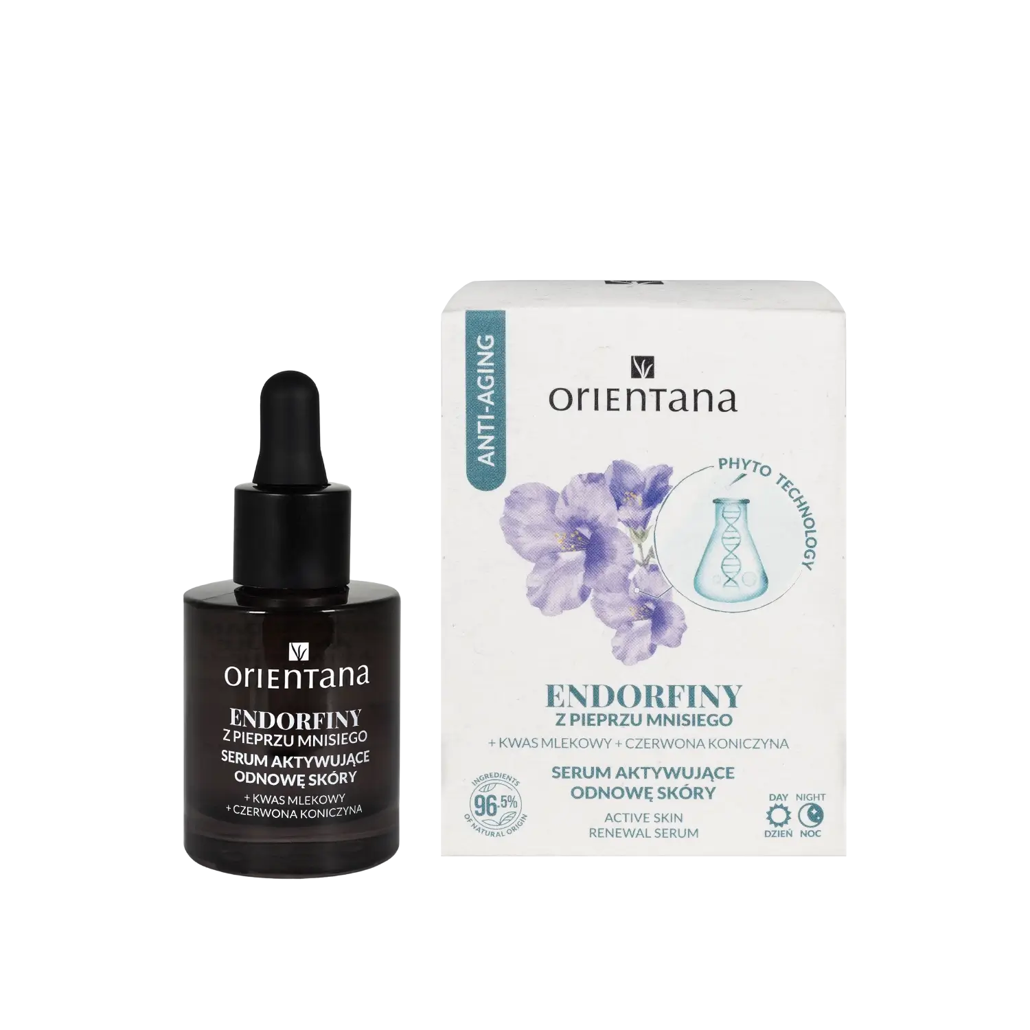 Serum z fitohormonami Endorfiny Orientana z pieprzem mnisiem, czerwoną koniczyną i witaminą E – aktywujące odnowę skóry serum przeciw oznakom hormonalnego starzenia.