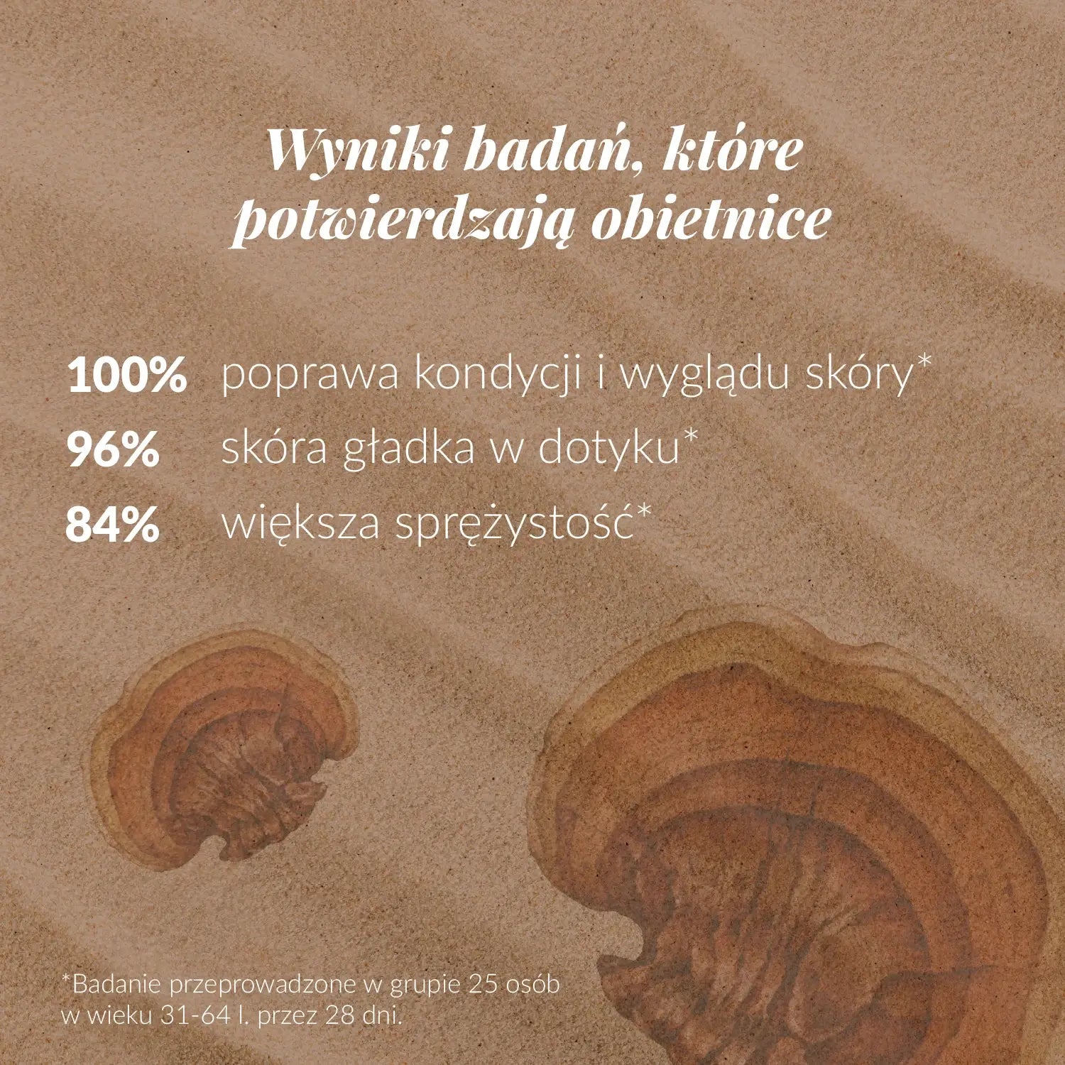 Plansza z wynikami badań serum Orientana z reishi i retinolem H10 0,5%, wskazująca poprawę kondycji i wyglądu skóry, większą gładkość oraz sprężystość po 28 dniach stosowania.
