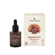 Serum do twarzy Orientana Ujędrnienie z reishi, retinolem H10 0,5% i bakuchiolem w szklanej butelce z pipetą obok kartonowego opakowania z ilustracją grzyba reishi.