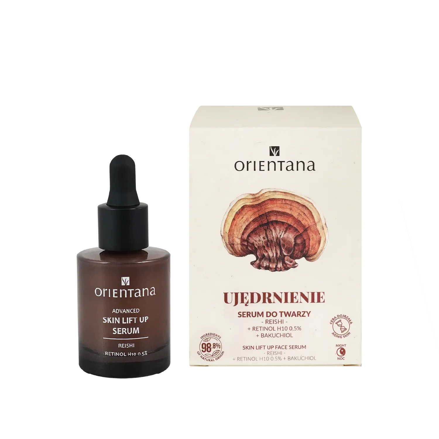Serum do twarzy Orientana Ujędrnienie z reishi, retinolem H10 0,5% i bakuchiolem w szklanej butelce z pipetą obok kartonowego opakowania z ilustracją grzyba reishi.