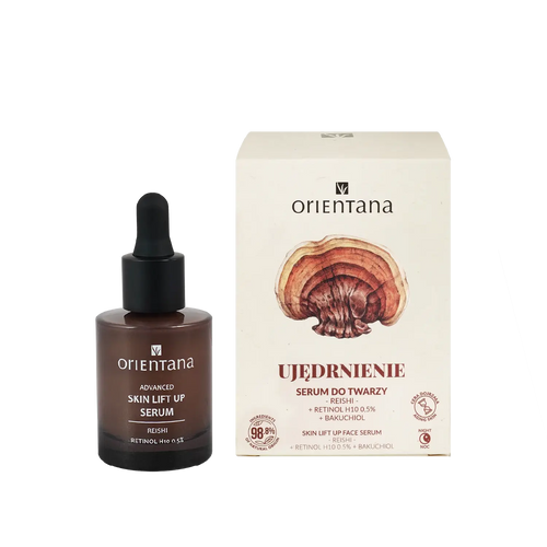 Serum do twarzy Orientana Ujędrnienie z reishi, retinolem H10 0,5% i bakuchiolem w szklanej butelce z pipetą obok kartonowego opakowania z ilustracją grzyba reishi.